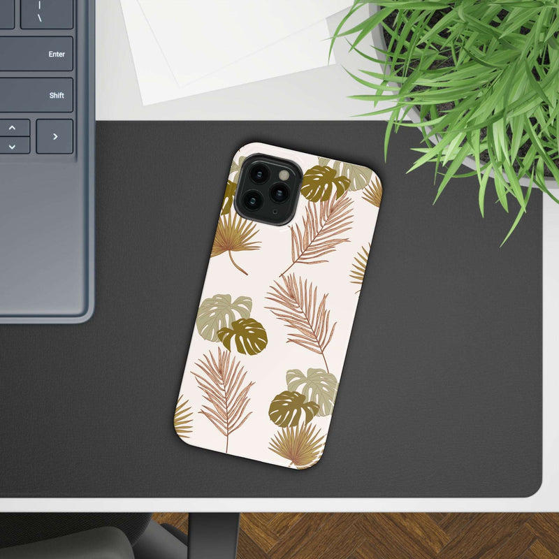 Nature-inspired mobile phone case with tropical leaf design, available in glossy or matte finish, slim, durable, wireless charging compatible.