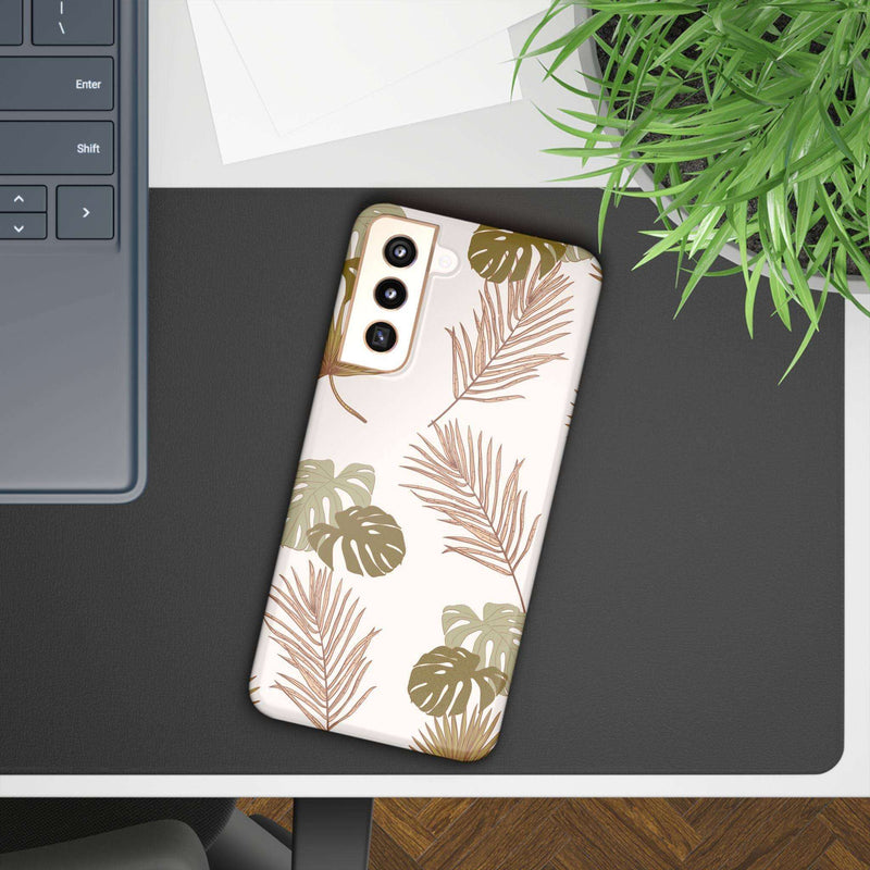 Nature-inspired mobile phone case with tropical leaf design, slim and durable protection for iPhone 16 series, supports wireless charging, flexible polycarbonate material.