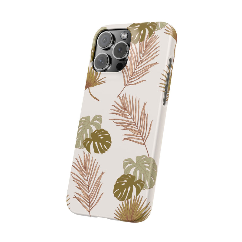 Nature-inspired mobile phone case with tropical leaf design, durable polycarbonate material, supports wireless charging.