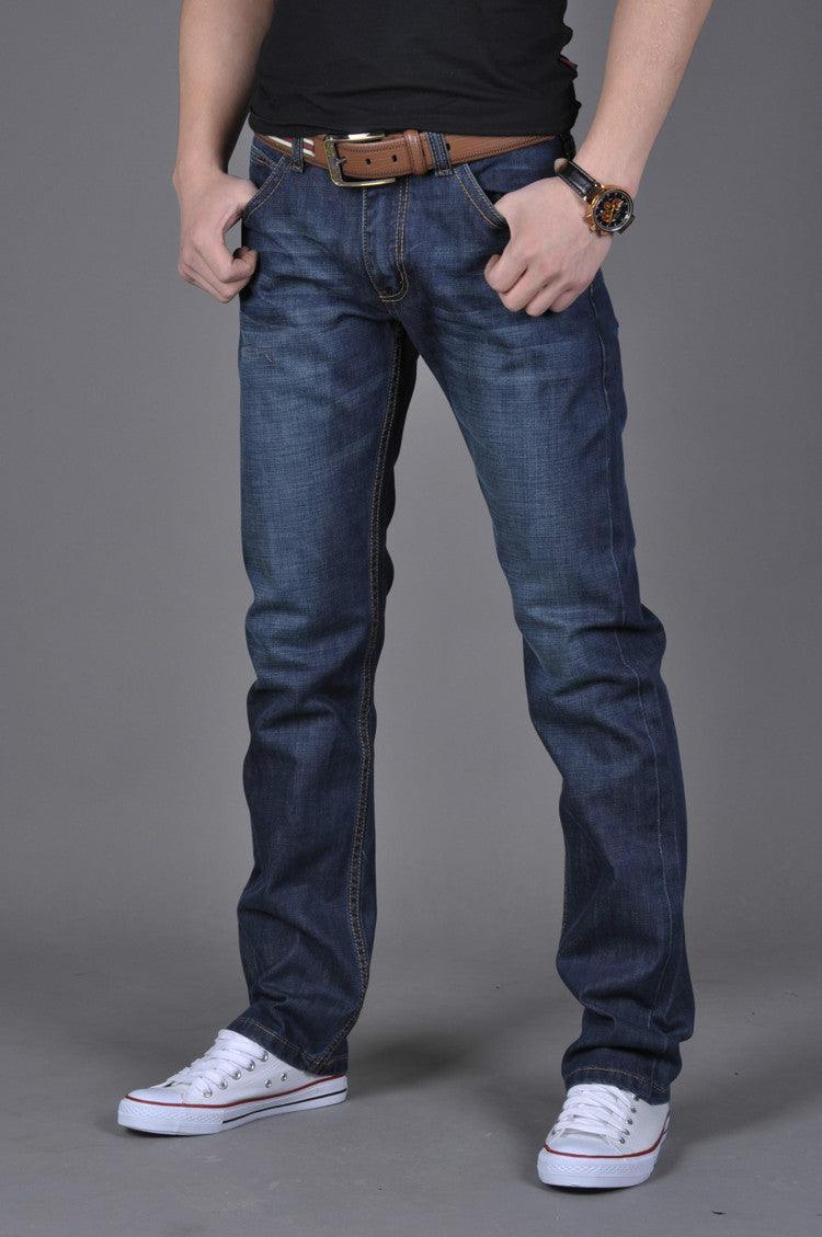 Fashionable and comfortable men's jeans with a sleek straight-leg fit suitable for various occasions.