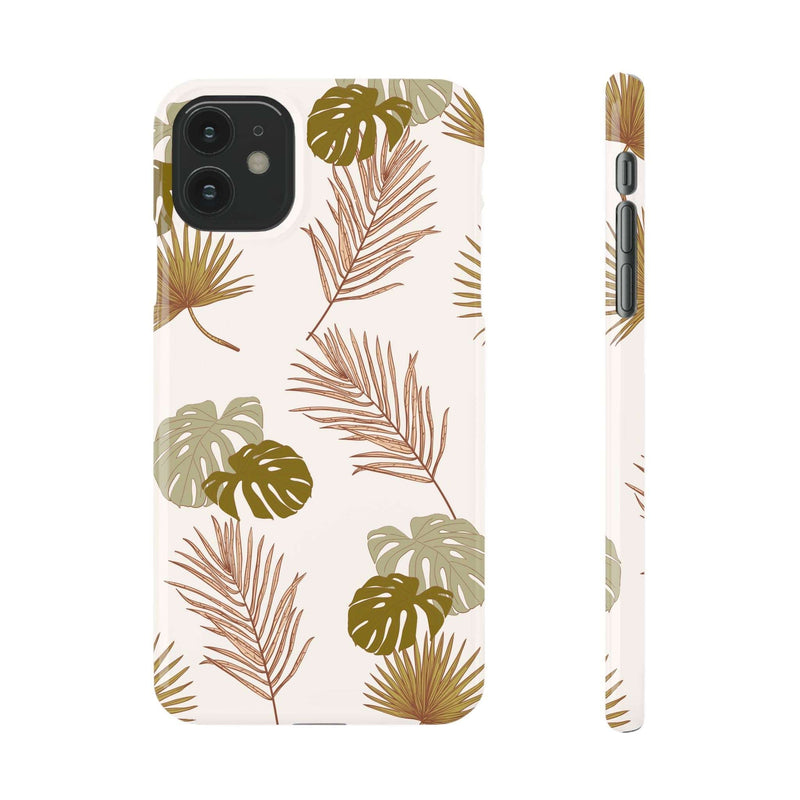 Nature-inspired mobile phone case with tropical leaf design, slim polycarbonate protection, compatible with iPhone 16 series.