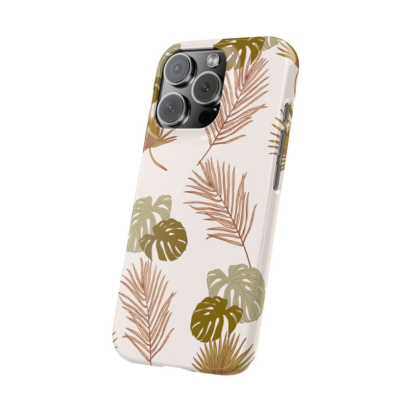 Nature-inspired mobile phone case with tropical leaf design, slim and durable polycarbonate protection, supports wireless charging.