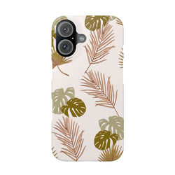 Nature-Inspired Mobile Phone Case with tropical leaf design, slim and durable polycarbonate cover, supports wireless charging.