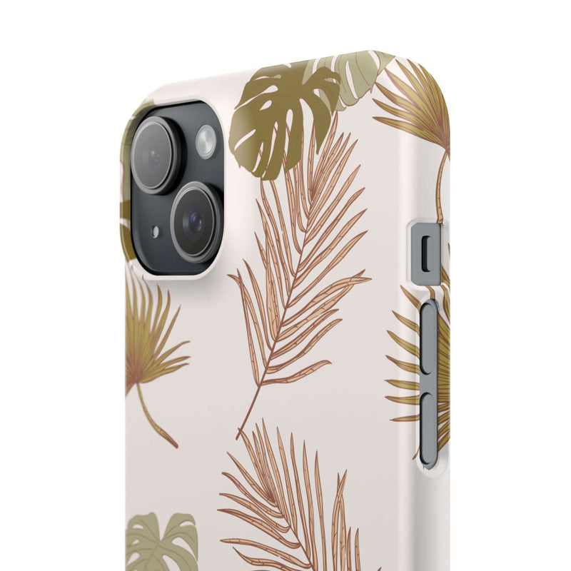 Nature-inspired mobile phone case with tropical leaf design, polycarbonate, sleek, durable, supports wireless charging.