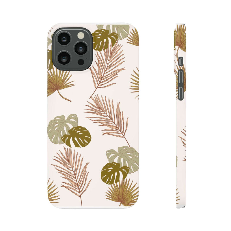 Nature-inspired mobile phone case with tropical leaf design, slim fit, and durable polycarbonate material, available in matte or glossy finish.