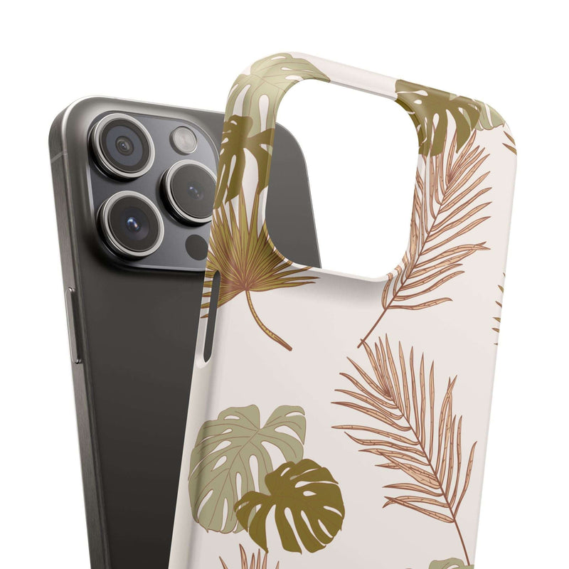 Nature-Inspired Mobile Phone Case with tropical leaf design, slim polycarbonate protection, compatible with iPhone 16 models.