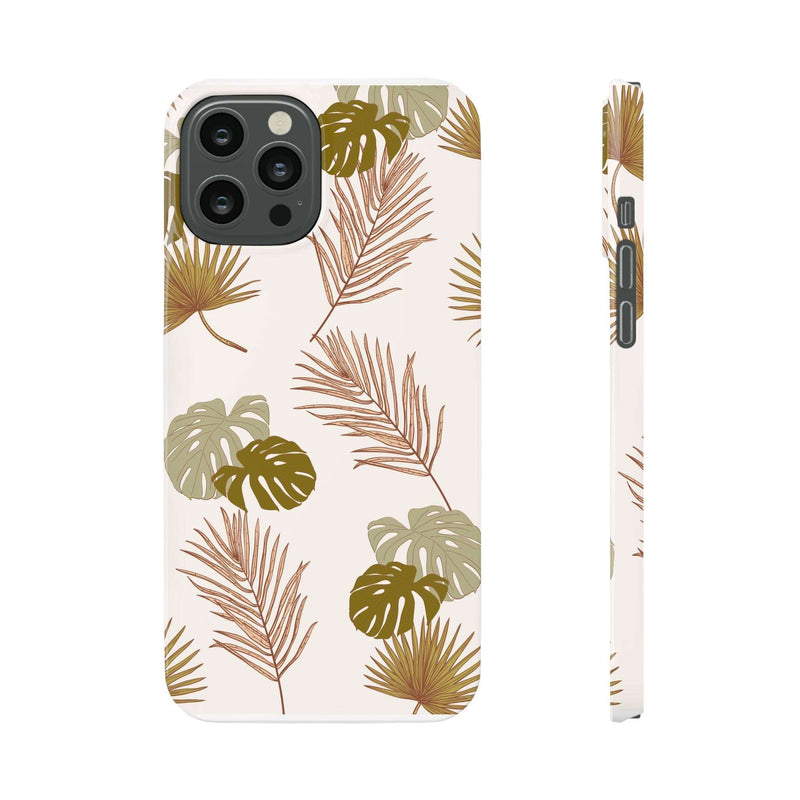 Nature-Inspired Mobile Phone Case with tropical leaf design, slim polycarbonate, wireless charging support.