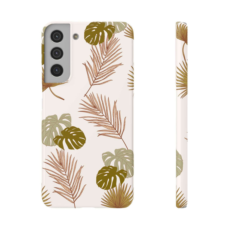 Nature-inspired mobile phone case with tropical leaf design, sleek, durable, lightweight, available in matte or glossy finish.