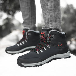 Men's winter boots with plush lining and hiking lace-up design on snowy terrain.