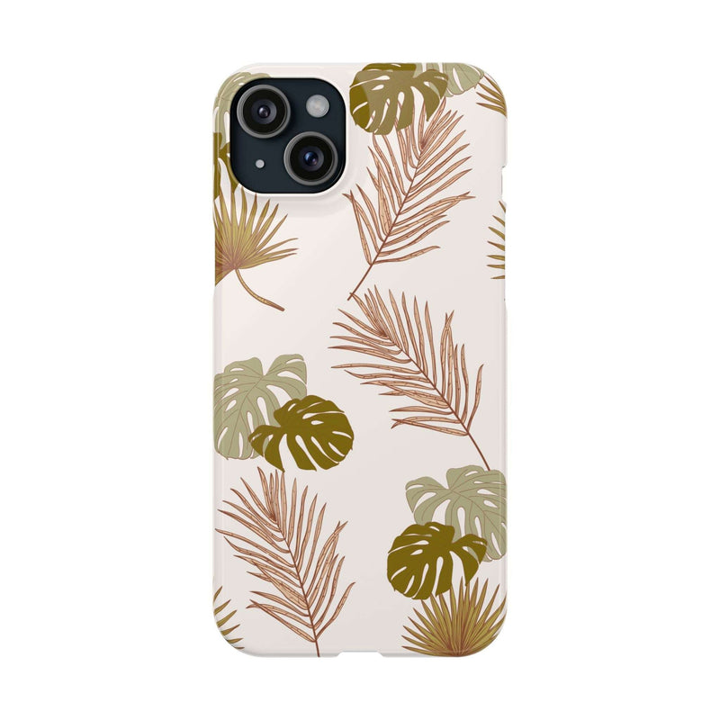 Nature-inspired mobile phone case with tropical leaf design, sleek and durable protection for iPhone 16, slim and lightweight, supports wireless charging.