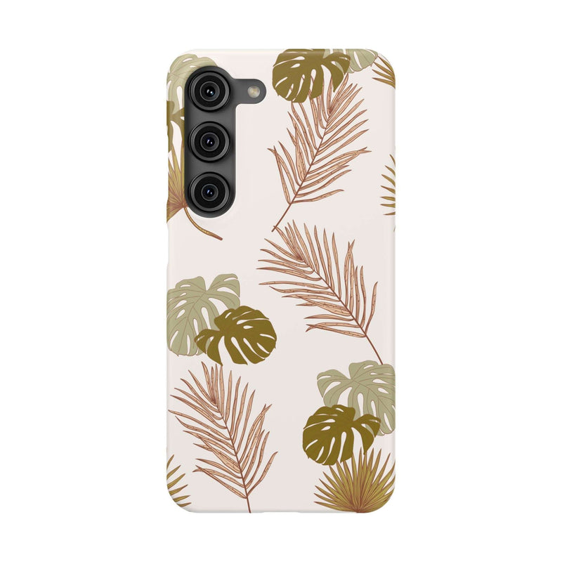 Nature-inspired mobile phone case with tropical leaf design, sleek and durable polycarbonate, supports wireless charging, slim-fit for iPhone 16.