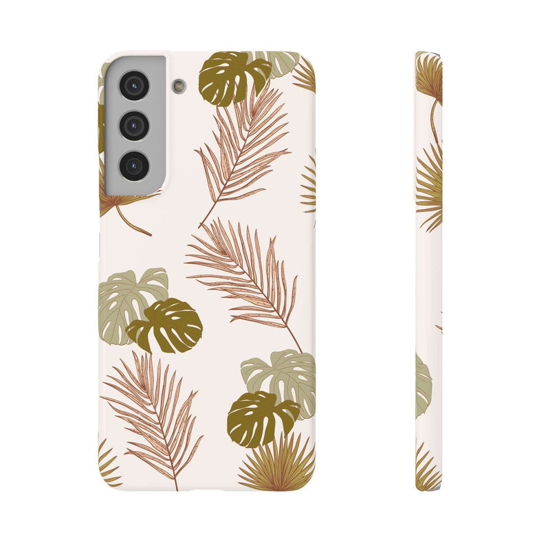 Nature-inspired mobile phone case with tropical leaf design, slim, durable polycarbonate, glossy or matte finish, available for iPhone 16 series.