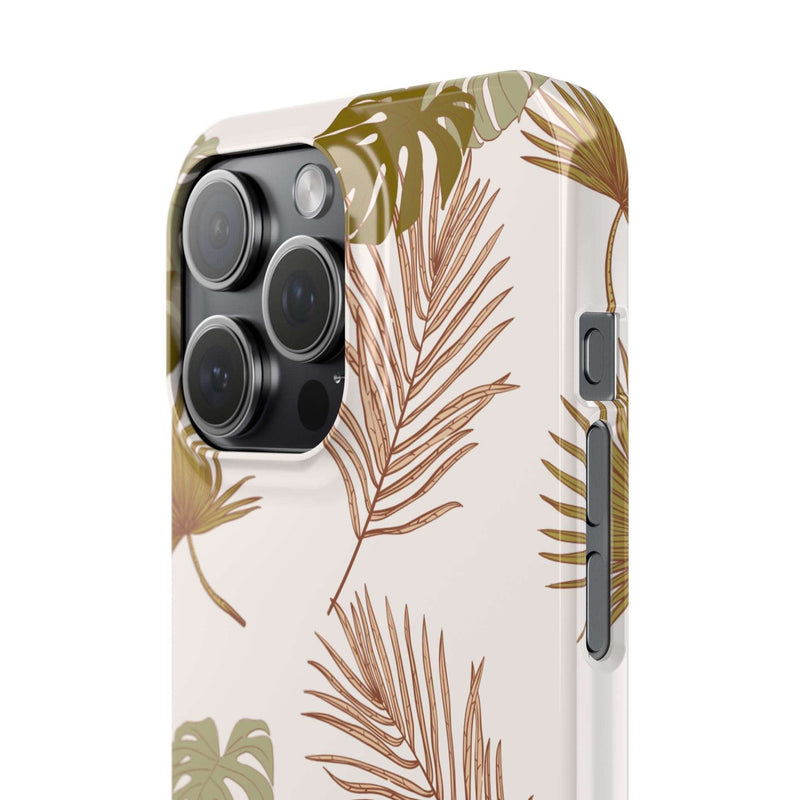 Nature-inspired mobile phone case with tropical leaf design, sleek and durable polycarbonate construction, supports wireless charging.