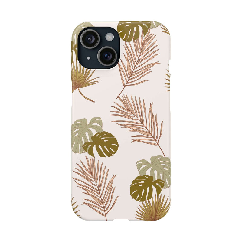 Nature-inspired mobile phone case with tropical leaf design, durable polycarbonate, lightweight, supports wireless charging.