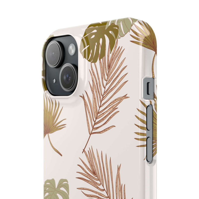 Nature-inspired mobile phone case with tropical leaf design for iPhone 16 series, slim and durable polycarbonate shell.