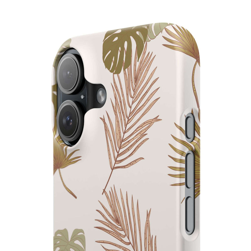 Nature-inspired mobile phone case with tropical leaf design, sleek and durable polycarbonate, supports wireless charging.