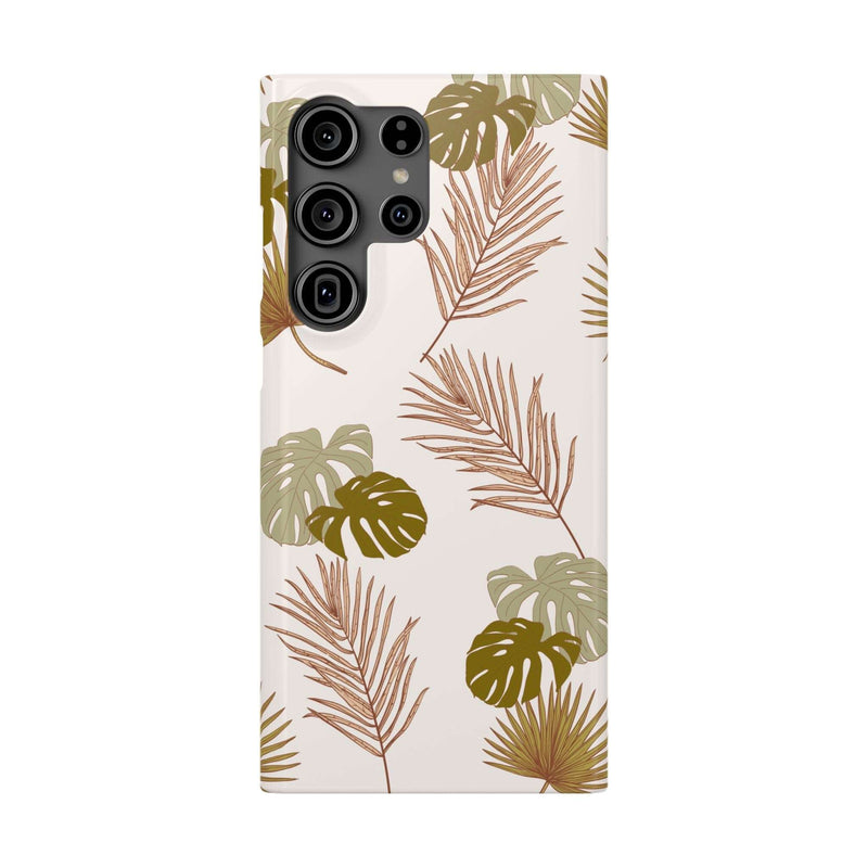 Nature-inspired mobile phone case with tropical leaf design, sleek and durable protection.