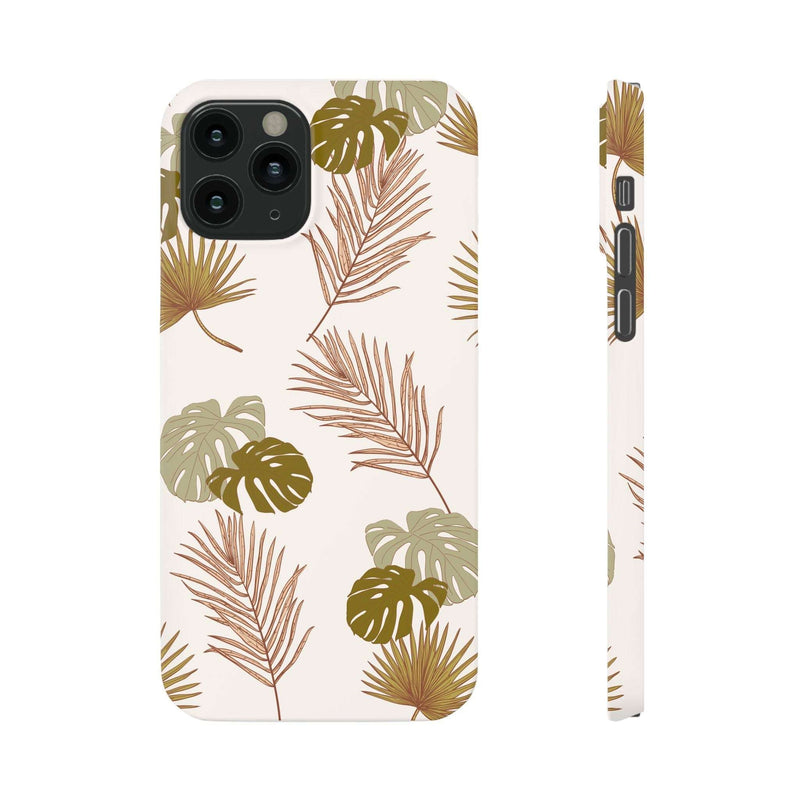 Nature-inspired mobile phone case with tropical leaf design, polycarbonate material, lightweight, slim, matte or glossy finish, supports wireless charging.