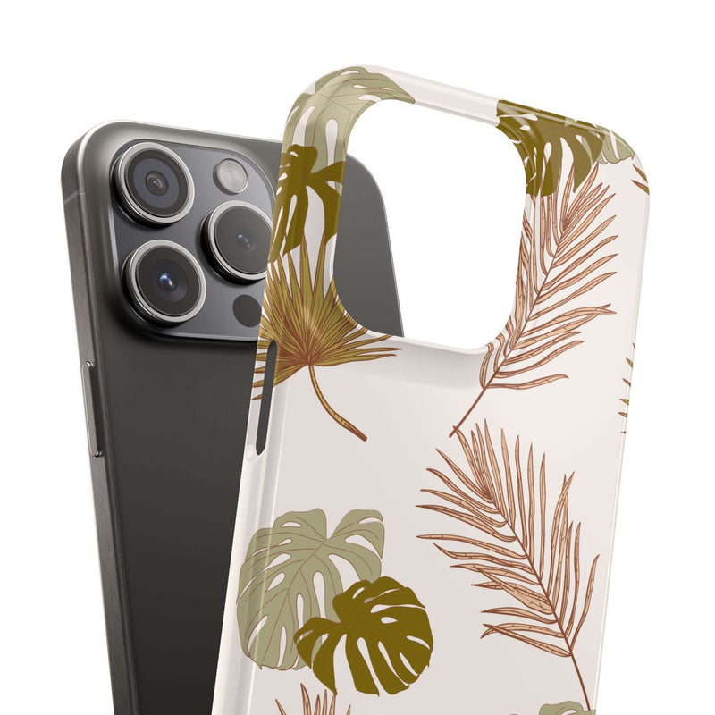 Nature-Inspired Mobile Phone Case with tropical leaf design, sleek and durable polycarbonate, supports wireless charging.