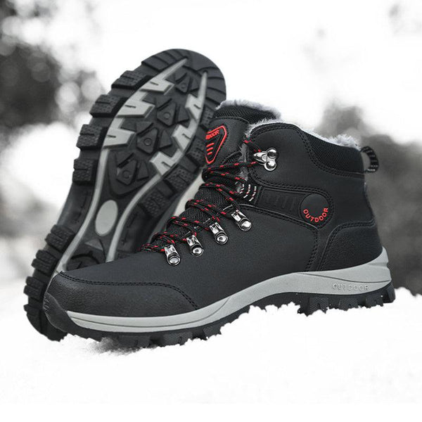 Men's winter boots with warm plush lining, hiking lace-up design, anti-slip sole, black color.