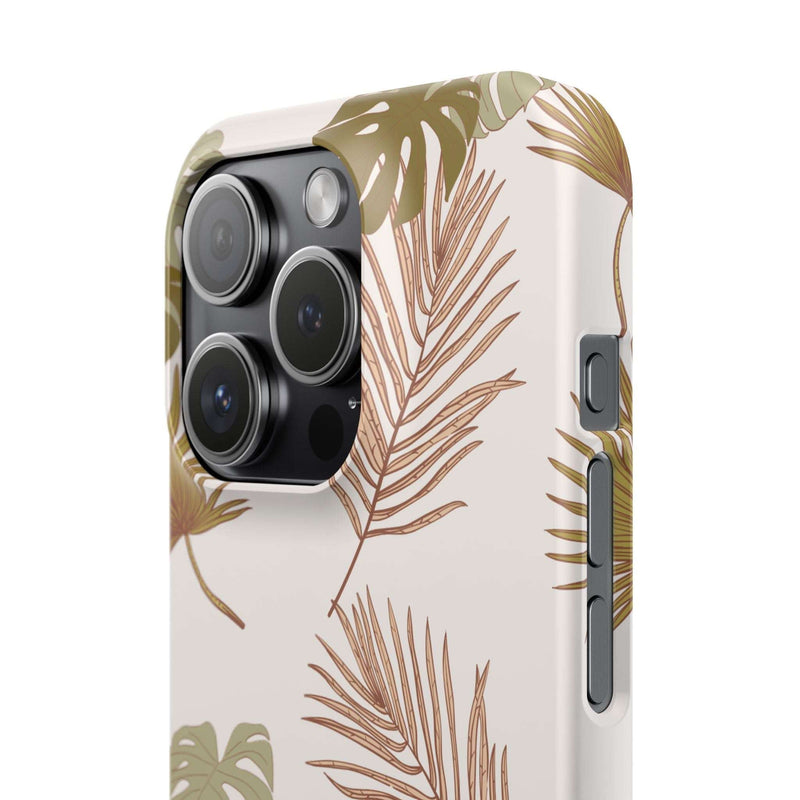 Nature-inspired mobile phone case with tropical leaf design, slim and durable polycarbonate, wireless charging compatible.