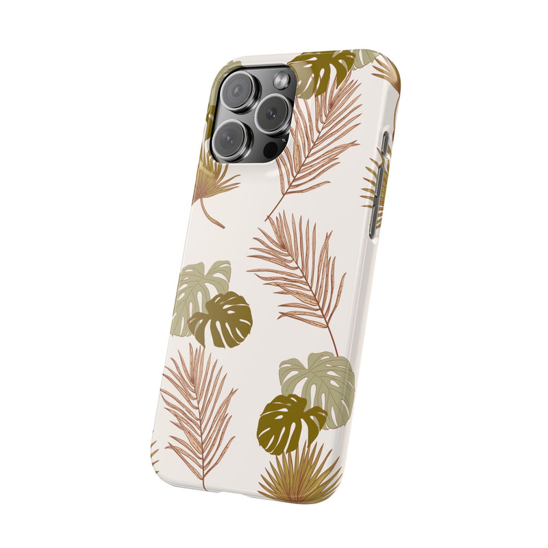 Nature-inspired mobile phone case with tropical leaf design, slim and durable polycarbonate, supports wireless charging.