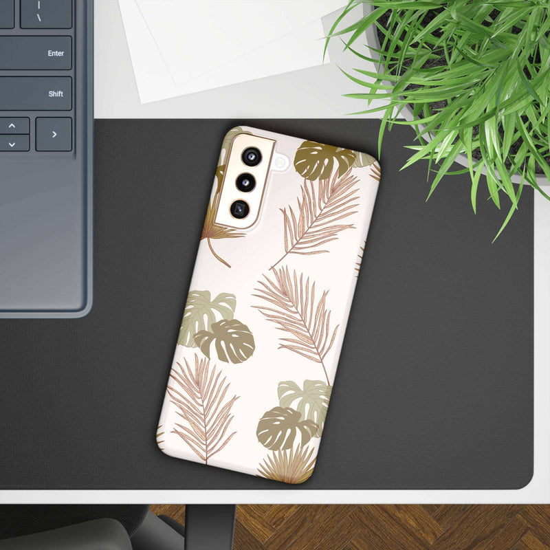 Nature-themed mobile phone case with tropical leaf design, slim and protective.