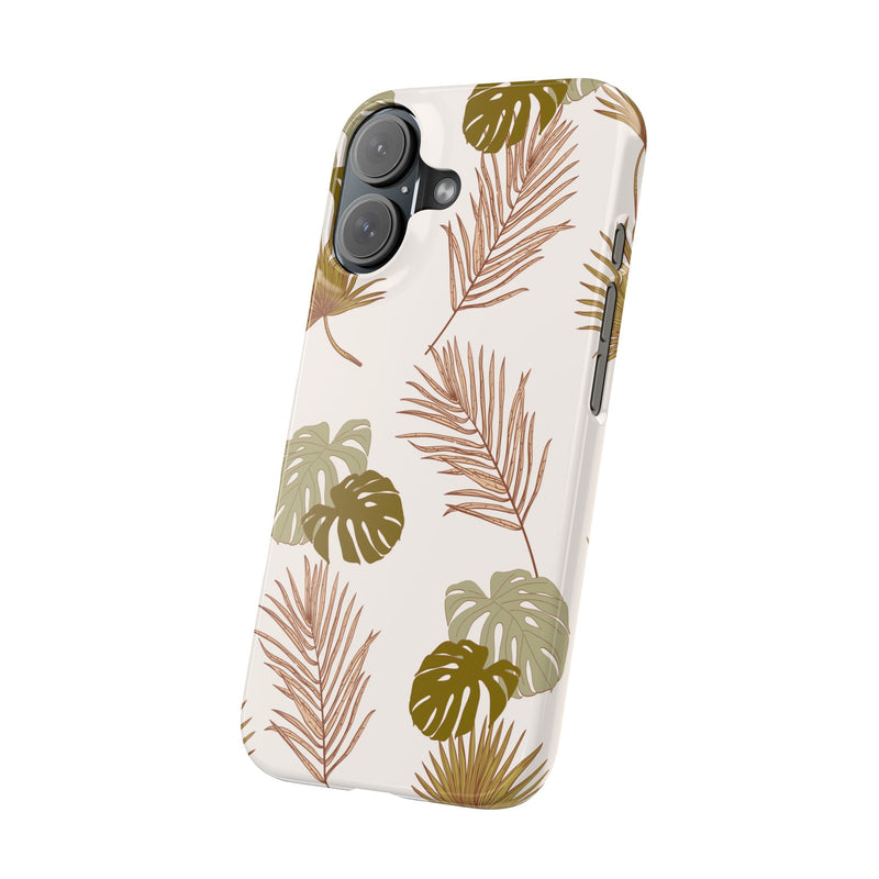 Nature-inspired mobile phone case with tropical leaf design, durable polycarbonate, slim and lightweight, supports wireless charging.