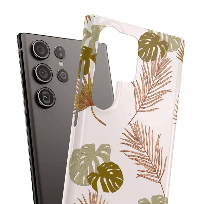 Nature-Inspired Mobile Phone Case with tropical leaf design, sleek polycarbonate slim-fit, durable protection, wireless charging compatible.