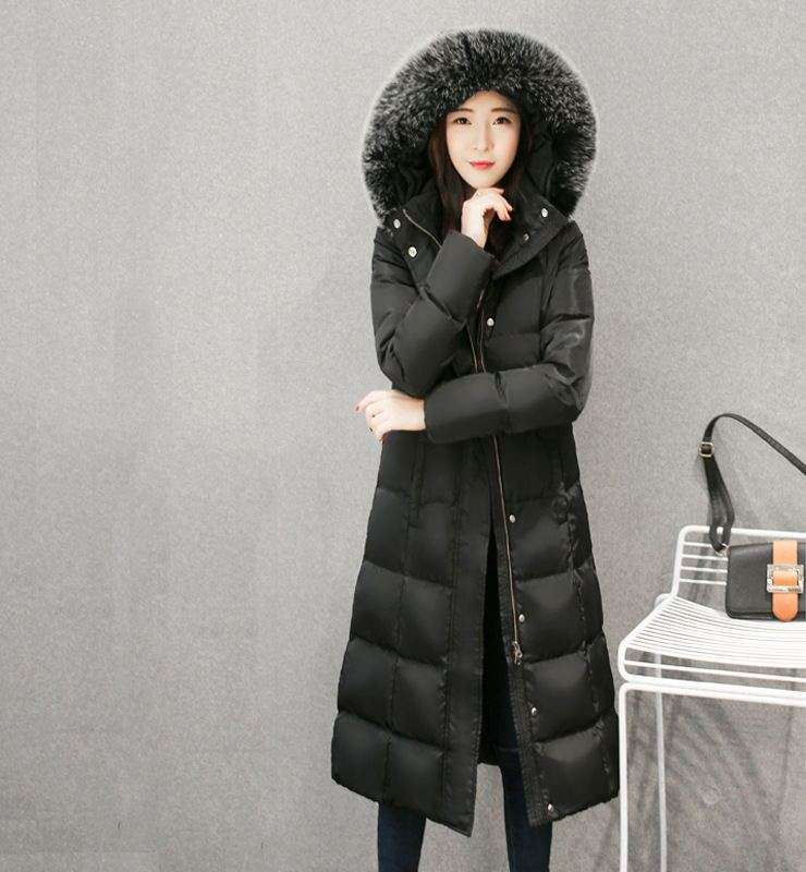 Women wearing elegant long down coat, warm lightweight chic winter jacket with fur collar.