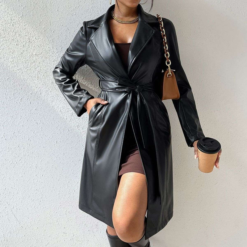 Women's leather trench coat - Elegant Slim Fit PU Coat