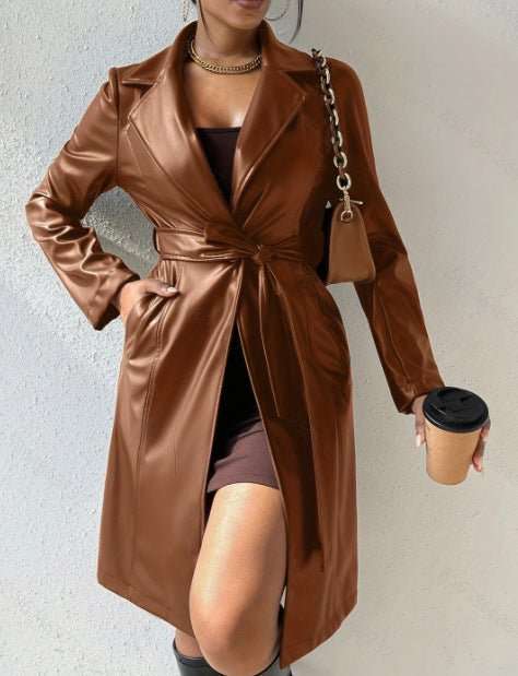 Women's leather trench coat - Elegant Slim Fit PU Coat