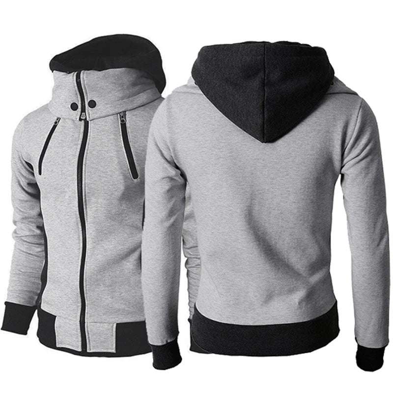 Sleek and cozy men's jacket with zipper closure and hoodie, made of cotton fleece.