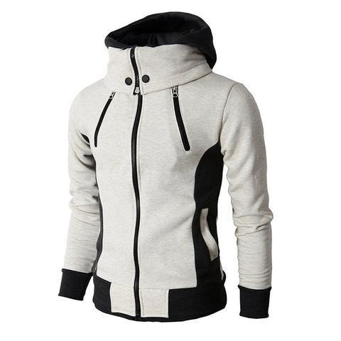 Fashionable men's jacket with zipper closure, full sleeves, O-neck collar, and hood in sleek cotton fleece material.