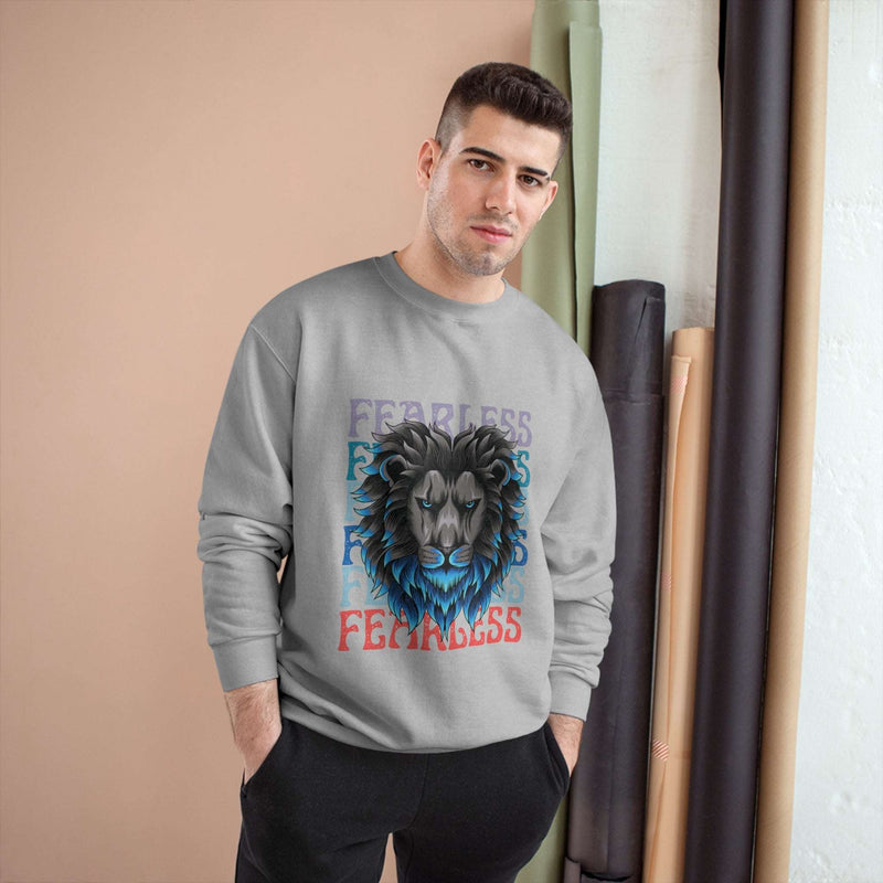 Fearless Comfort Crewneck Sweatshirt with lion graphic exemplifying bold spirit and style.