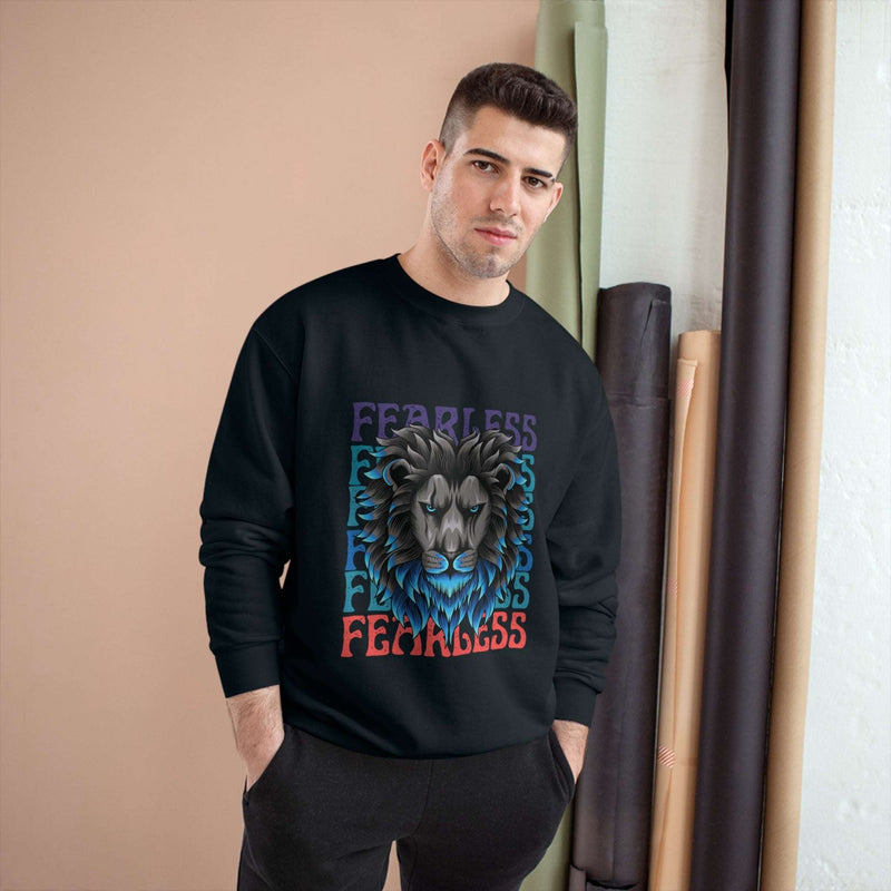 Fearless Comfort Crewneck Sweatshirt with bold lion graphic, premium cotton-polyester blend, ribbed collar, durable design.