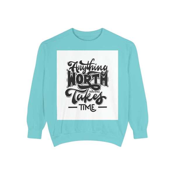 Luxurious comfort pullover in blue with inspirational quote design.