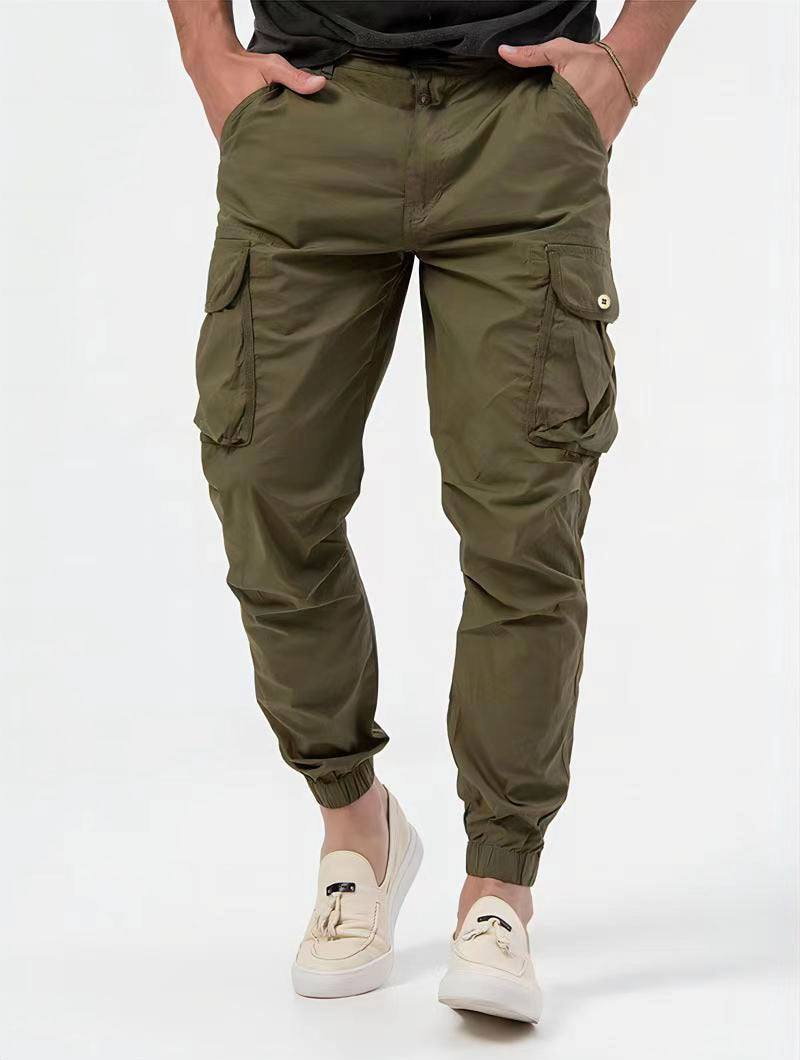 Men's stylish cargo trousers with 3D pockets, solid color, casual wear.