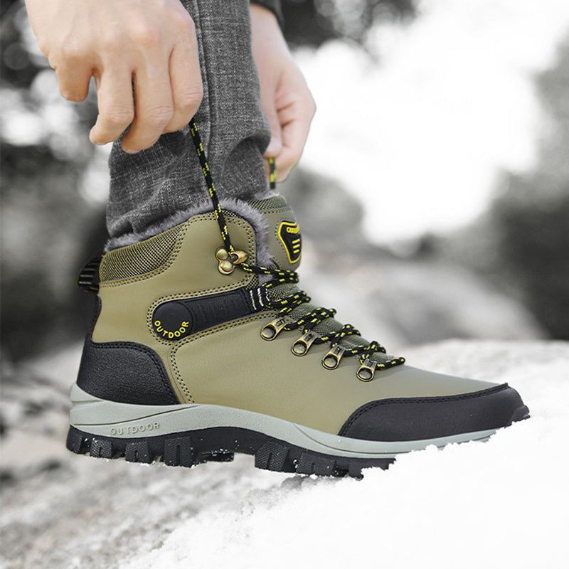 Warm plush ankle hiking boots for men with lace-up design, ideal for winter outdoor adventures.