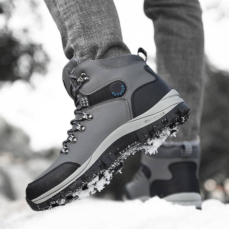 Men's winter boots with plush lining and hiking lace-up design on snowy terrain.