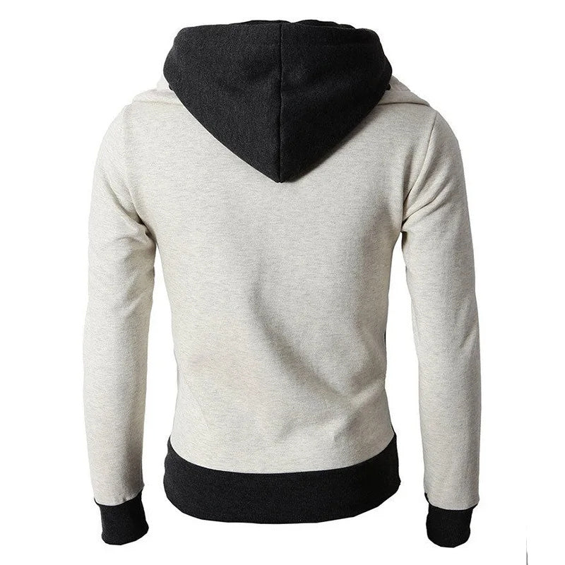 Fashionable men's jacket with a sleek design, featuring a black hood and cuffs, made from cozy cotton fleece material.