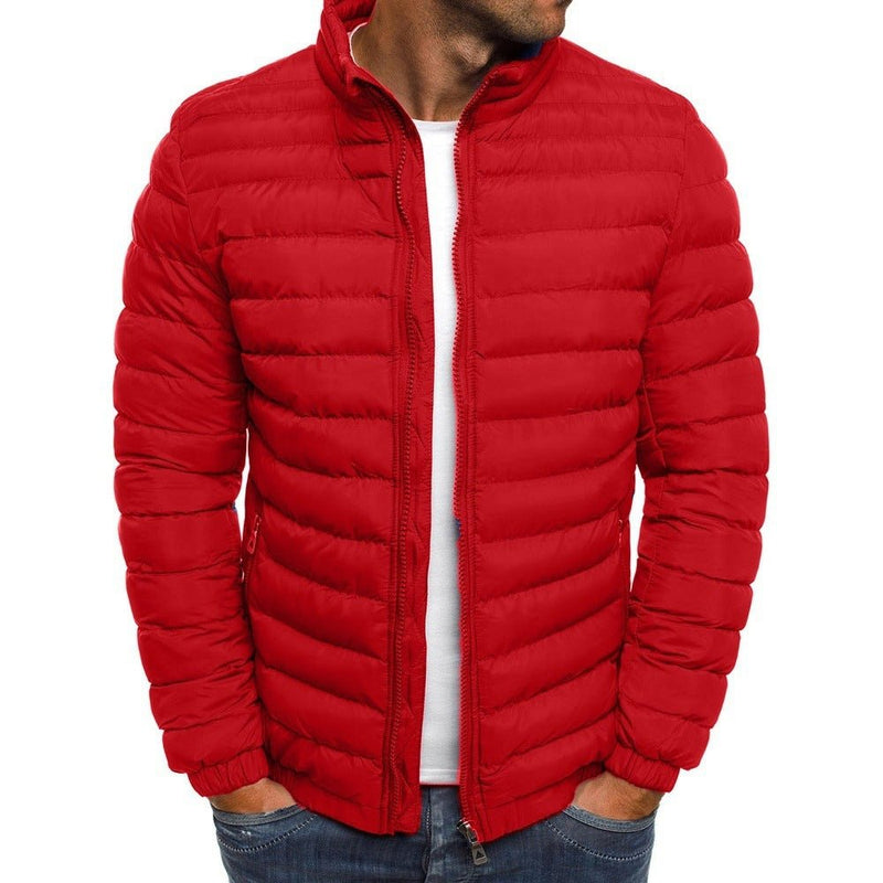 Men's insulated winter jacket in bright red with secure pockets and padded design.