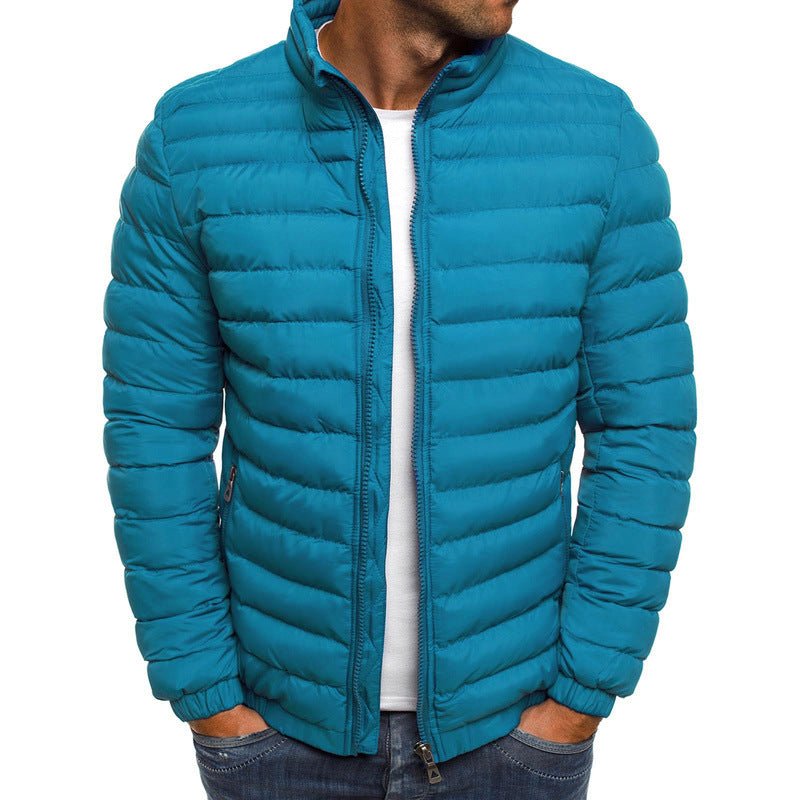 Men's insulated winter jacket in sapphire blue, padded for warmth, featuring a secure zipper and pockets.