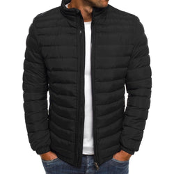 Men's insulated winter jacket, black, cozy padded coat, secure pockets.