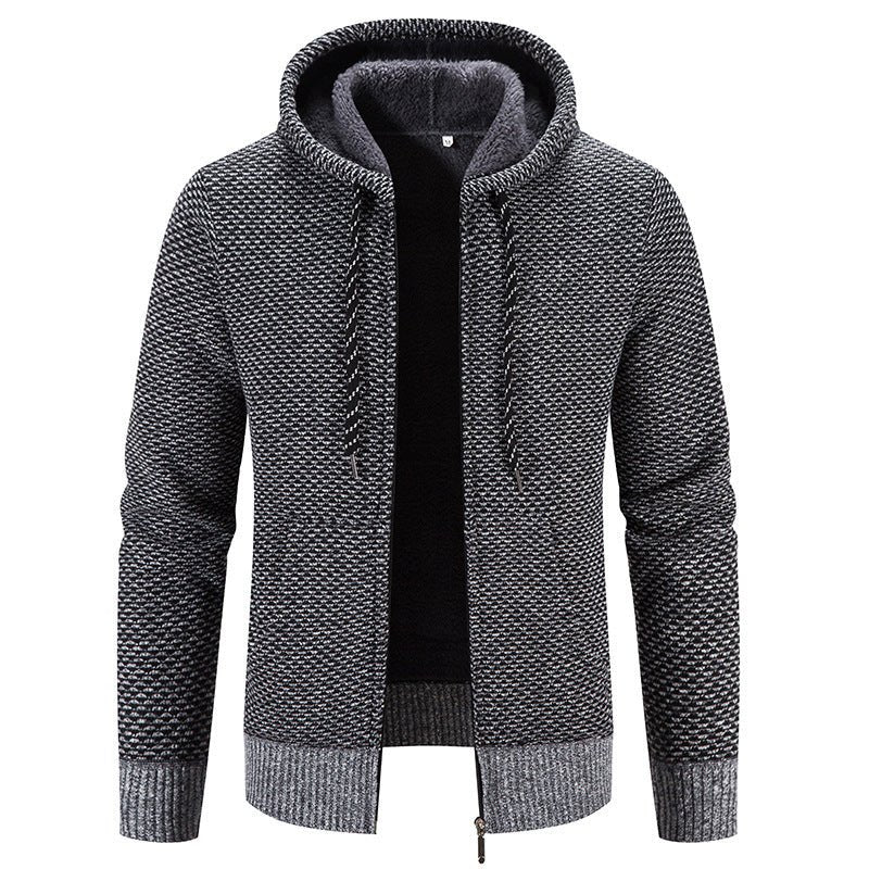 Men's elegant insulated winter coat with detachable hood and slim fit design.