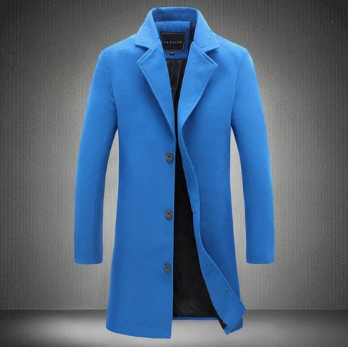 Men's premium wool jacket in blue with classic lapel collar, offering warmth, style, and comfort.