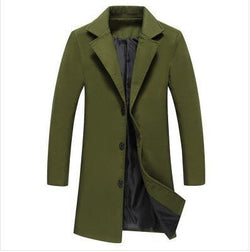 Men's premium wool jacket in green, featuring classic lapel collar, lightweight design, and medium length for ultimate warmth and style.