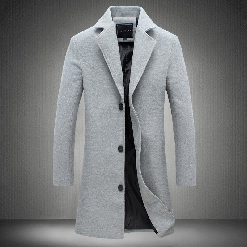 Men's premium wool jacket in light gray, classic lapel collar, medium length, offering warmth and style.