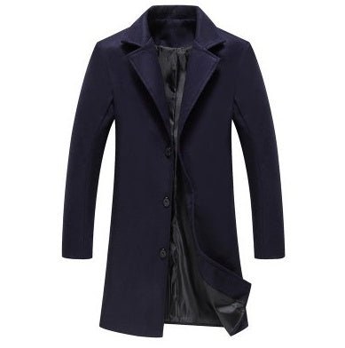 Men's premium wool jacket in navy blue with classic lapel collar and button closure.