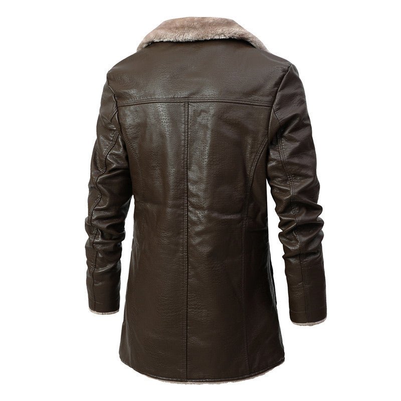 Men's stylish faux leather jacket with plush fleece lining, back view